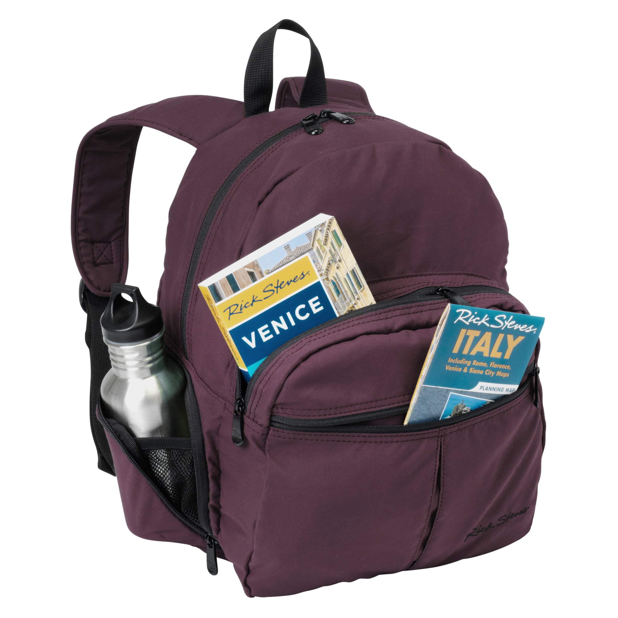 plum microfiber day pack packed