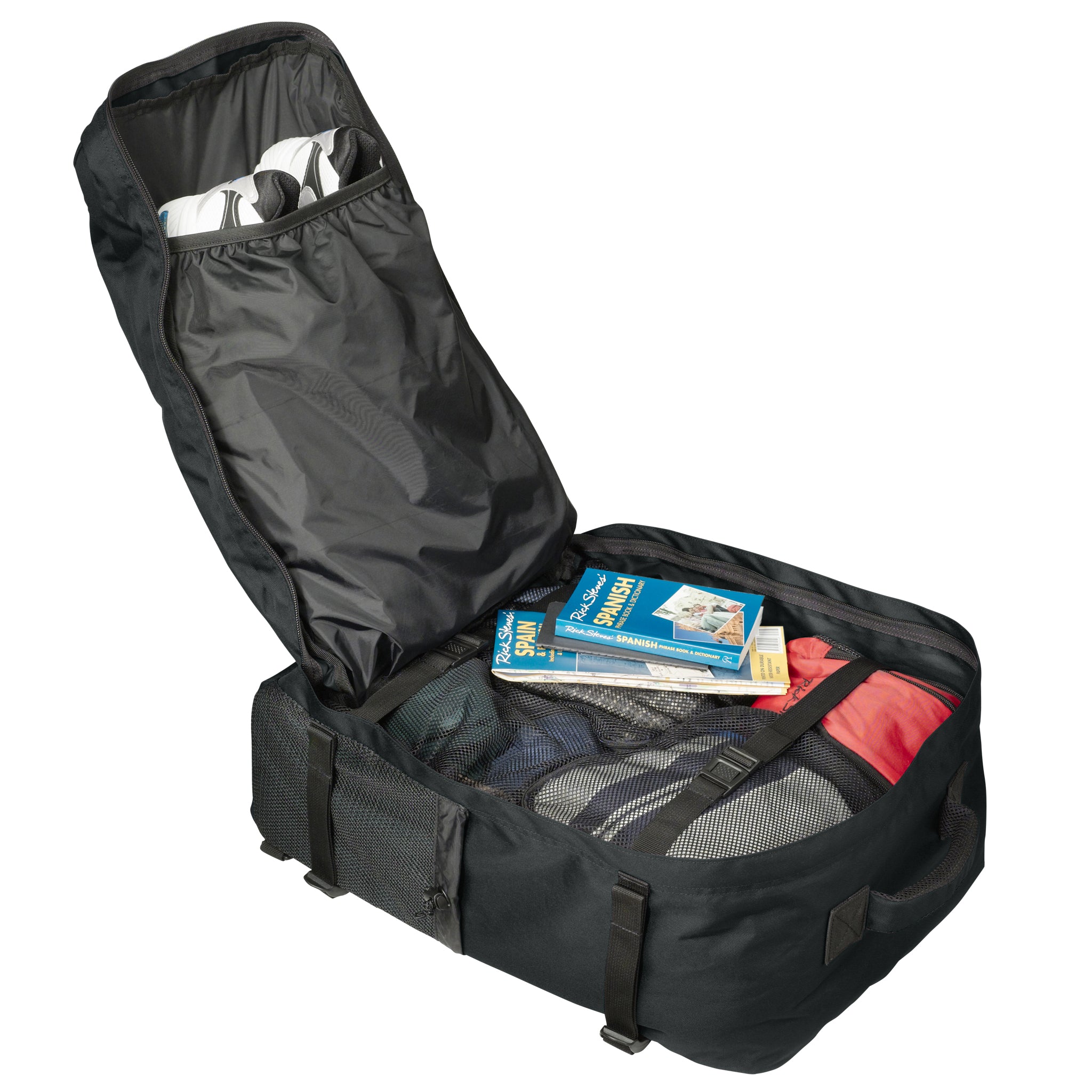black interior packed carry on backpack