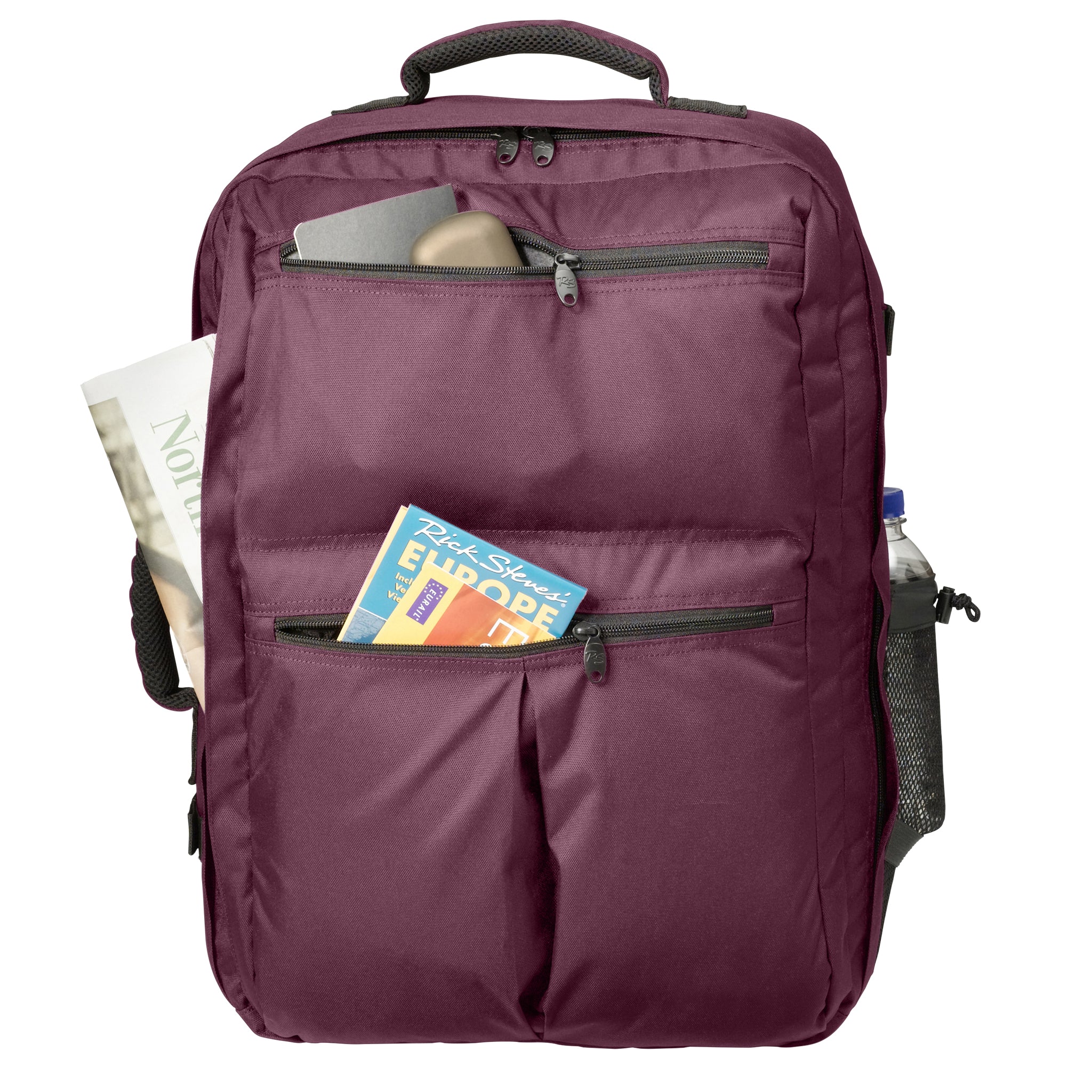 plum front pockets carry on backpack