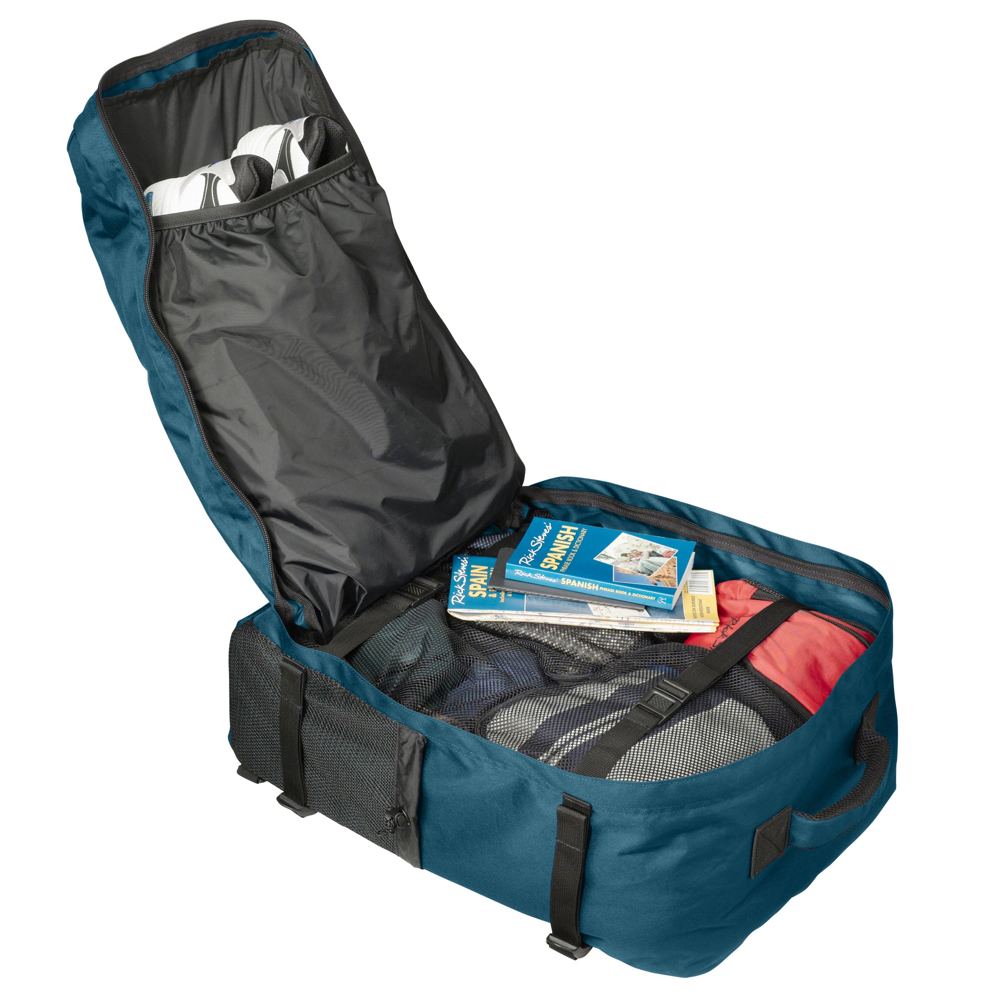 blue spruce carry on interior packed backpack