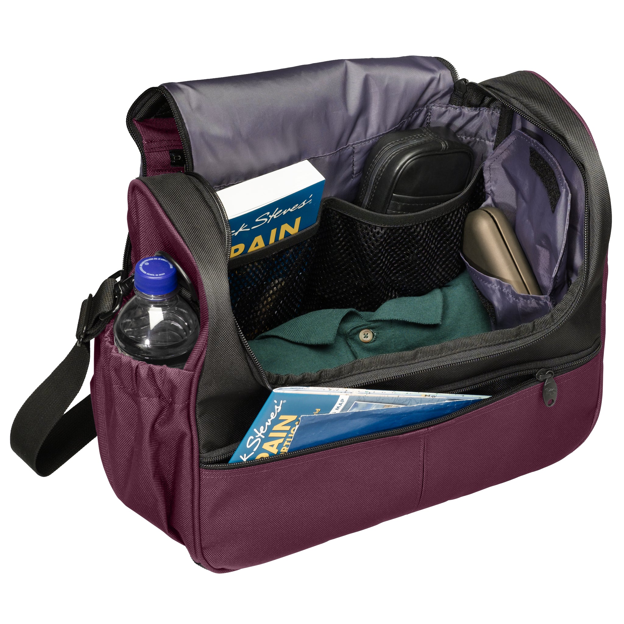 plum euro flight bag open inside