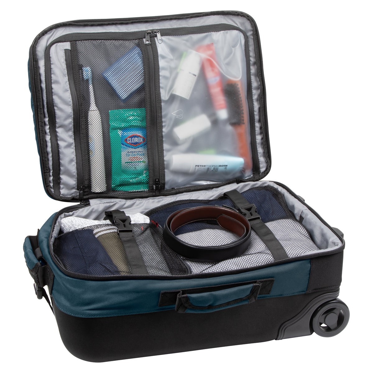 blue spruce rolling carry on interior packing pockets