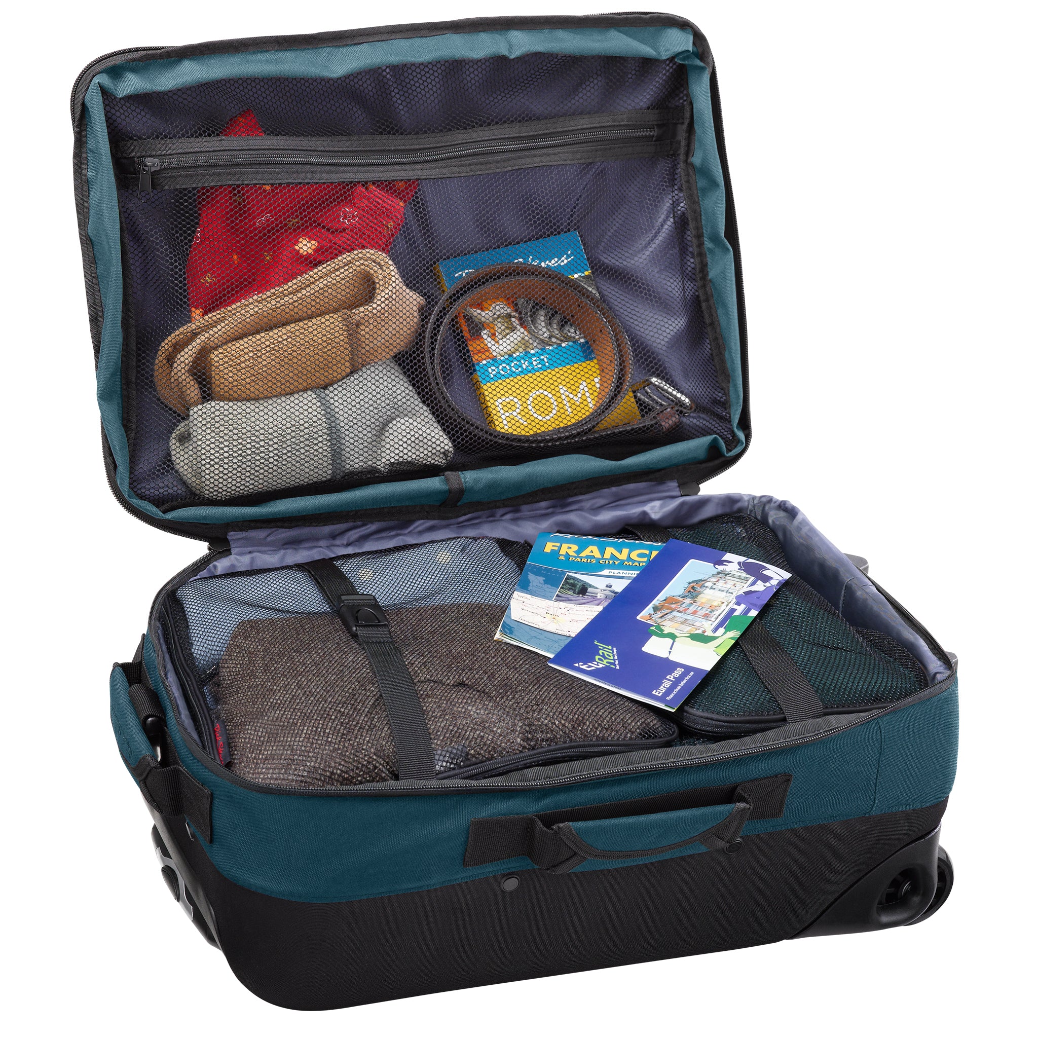 blue spruce rolling carry on inside packed