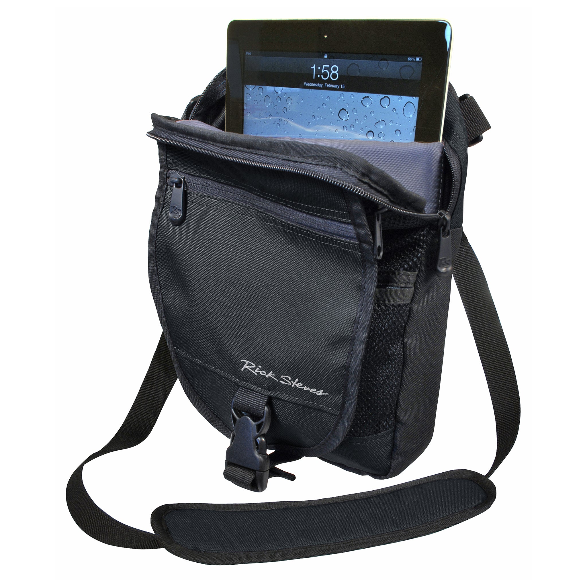 black crossbody purse open
