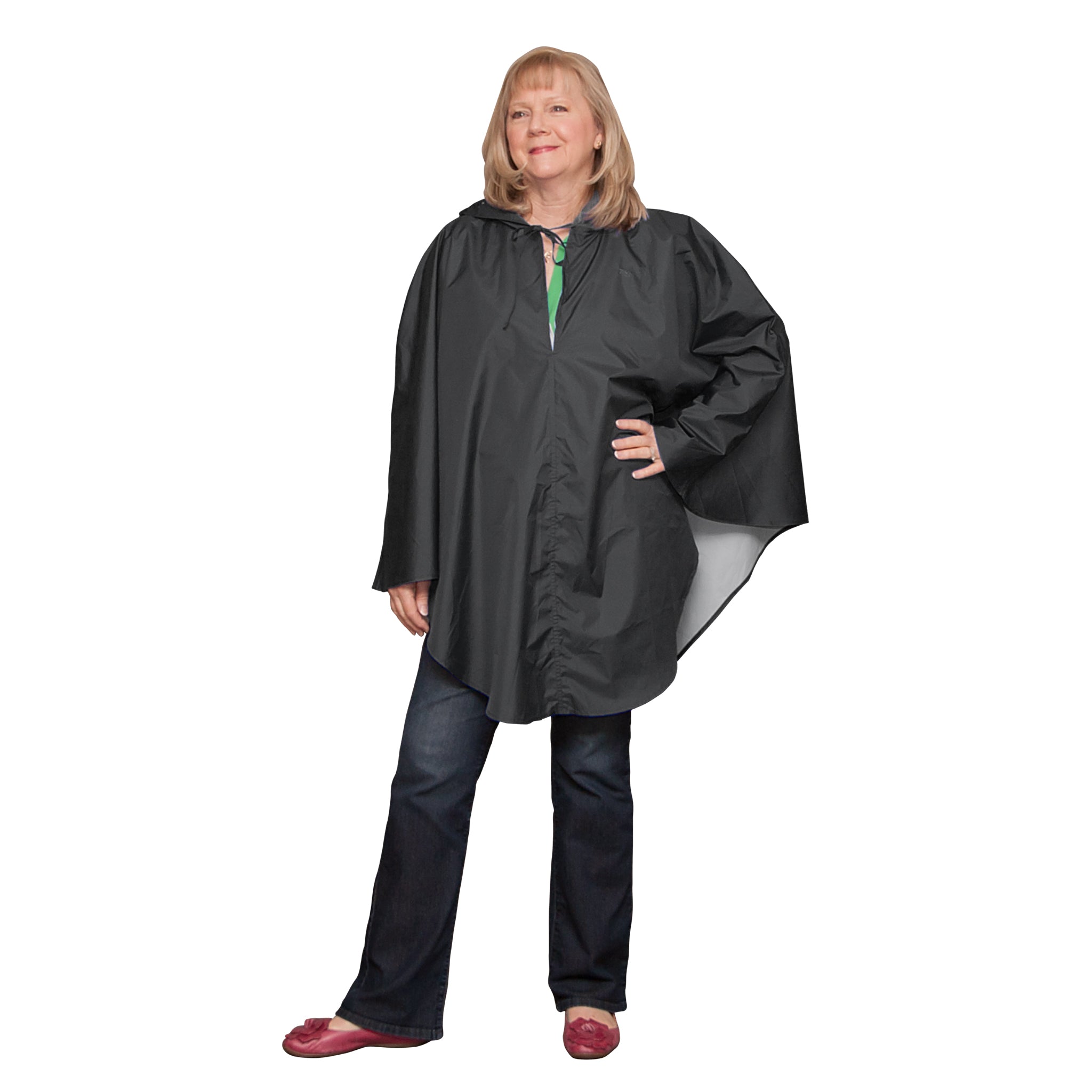 Women's Poncho in Black, hood down